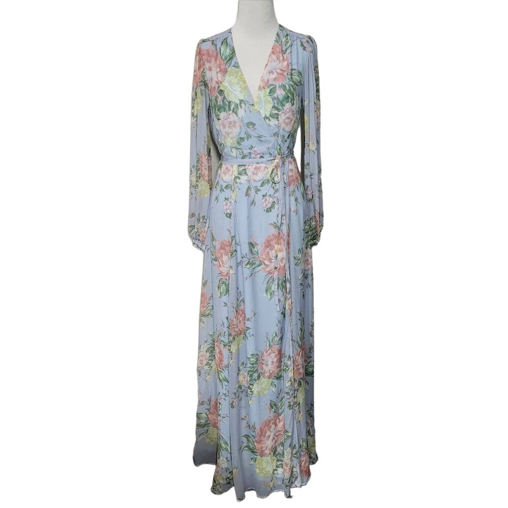 Yumi Kim Heart's Delight Juliette Maxi Wrap Dress Long Sleeve Small Blue Viscose